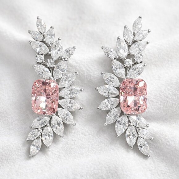 AdornA Jewelry - Pink Diamond 14K (18K Custom) Gold Leaf Drop Earrings